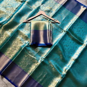 Golden zari border sea green Banarasi saree – celebrity style soft silk by NISA FABRICS