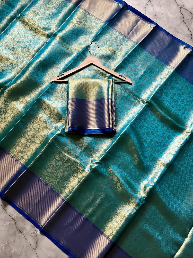 Golden zari border sea green Banarasi saree – celebrity style soft silk by NISA FABRICS