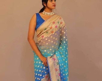 Sari de seda Banarasi Georgette tejido a mano / Sari de boda Meena Buti