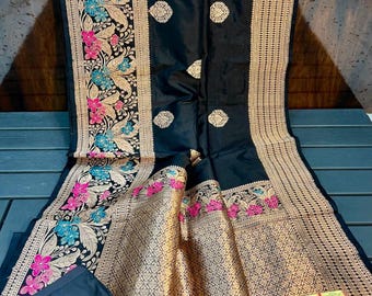 Handloom Banarasi Katan Silk Saree | Antique Zari, Meena Work