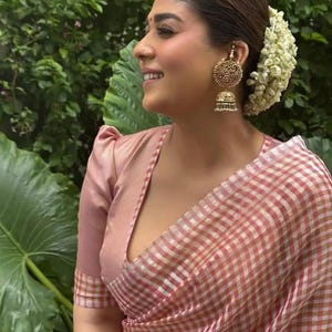 Nayanthara Inspired Pink Banarasi Soft Cotton Tissue Silk Saree | Wedding Party Wear | Check Design Saree | Loom Woven | NISA FABRICS |Celeb