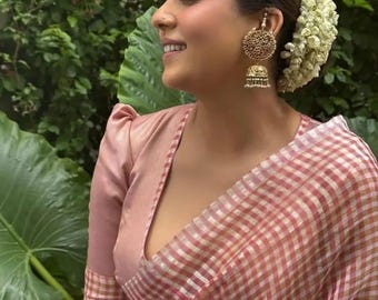 Nayanthara Inspired Pink Banarasi Soft Cotton Tissue Silk Saree | Wedding Party Wear | Check Design Saree | Loom Woven | NISA FABRICS |Celeb