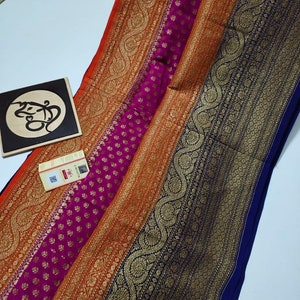 Banarasi Pure Georgette Silk Saree | Dual Tone Handloom Saree with Zari | Wedding Party Wear Sari | Silk Mark Certified Indian Saree | Celeb