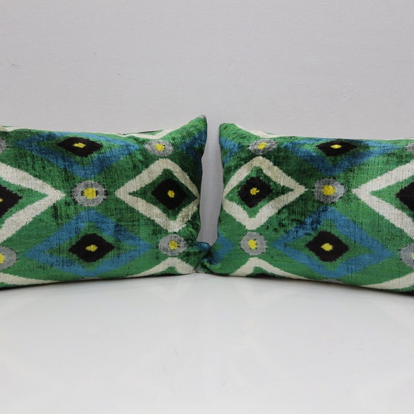 2 set green blue Ikat pillow cover,silk Ikat pillowcase,velvet Ikat cushion cover,throw pillows, velvet lumbar pillows, colorful pillowcase