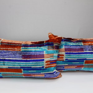 Ikat Velvet Lumbar Pillow Cover: Blue Orange Silk Throw Pillowcase