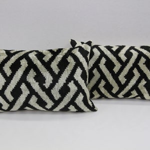 Ikat Velvet Pillow Cover Set: Black & White Lumbar Cushion, 16x24 inch