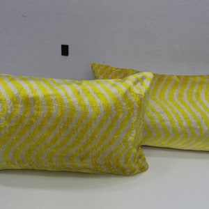 Ikat Velvet Pillow Cover Set: Yellow White Silk Lumbar Cushion (16x24 inch)
