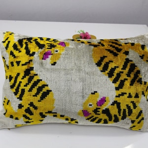 Yellow Pink Ikat Velvet Lumbar Pillow Cover: Colorful Throw Pillowcase