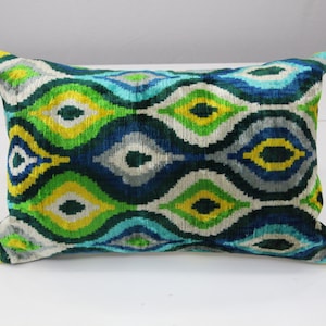 Blue Green Ikat Velvet Pillow Cover: Lumbar Cushion, 16x24