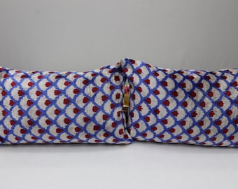 2set Silk Ikat Lumbar Pillow Cover: Blue Red Velvet Cushion