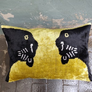 Black & Yellow Silk Ikat Lumbar Pillow Cover: Velvet Cushion