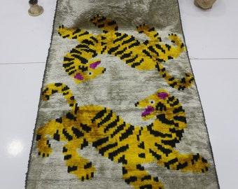 Handwoven Silk Ikat Velvet Fabric: Yellow Tiger Design