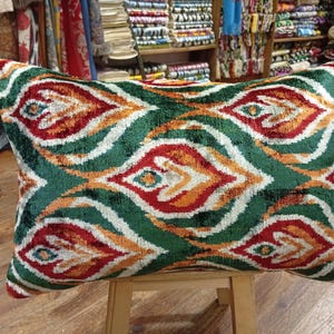Red & Green Ikat Velvet Pillow Cover: Geometric Throw Pillow (16x24 inch)