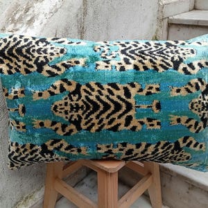 Silk Pillows | Ikat Velvet Pillow | Blue Green Ikat Pillow | Soft Pillow Cases | Tiger Pillow Covers | Throw Pillow | Geometric Ikat Pillows