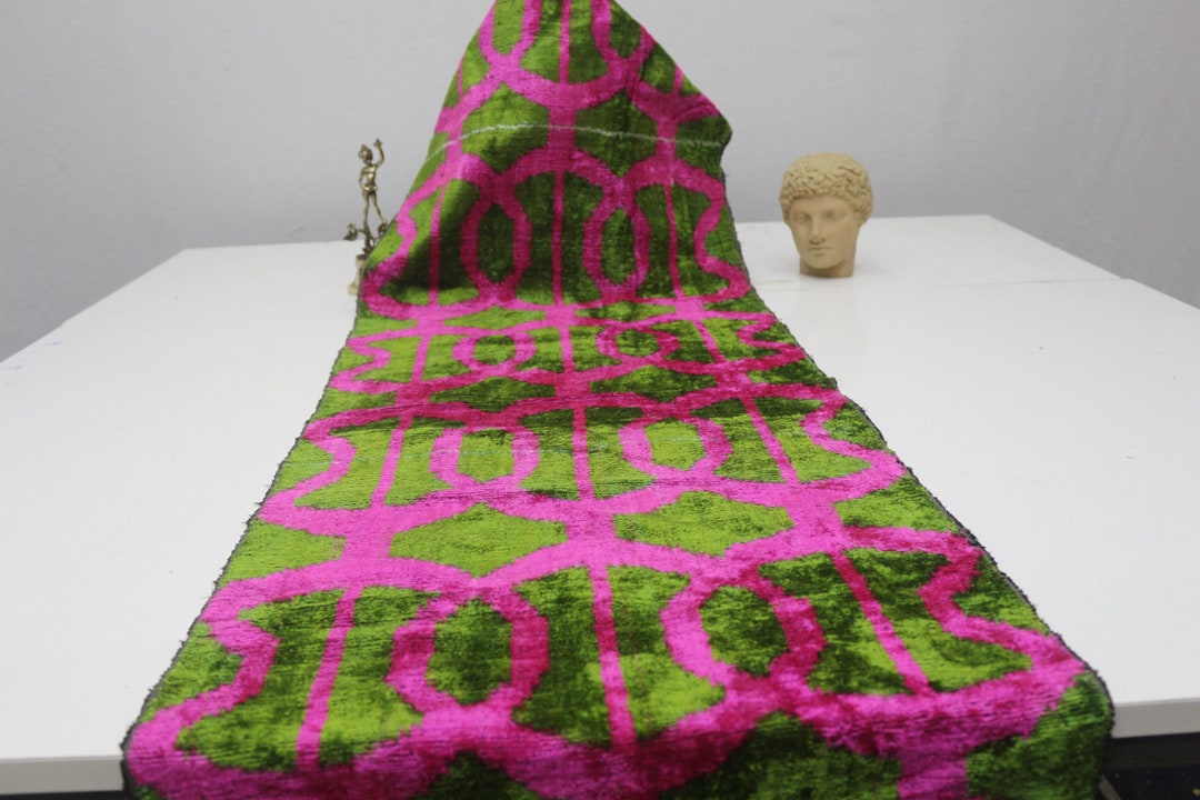 Silk Velvet Ikat Handwoven, Geometric Pattern in Gold, Green & Navy main image 0