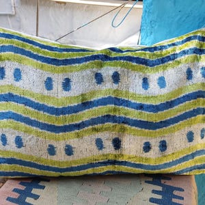 Ikat Velvet Pillow Cover: Blue Green Throw Pillow, Lumbar Cushion (16x24 inch)