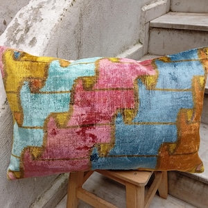 Ikat Velvet Pillow Cover: Blue & Pink Geometric Throw Pillow (16x24 inch)