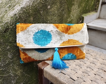 bolso de embrague blanco azul naranja bolso de seda de terciopelo bolso de mano hecho a mano con cierre magnético y espacio para correa de hombro bolso pequeño regalo único