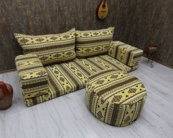 Pastel Beige Yellow Cushion Arabic majlis Sofa Set Floor Couch Floor Pillow Floor Level Sofa Living Room Sofa Ottoman oriental floor seating