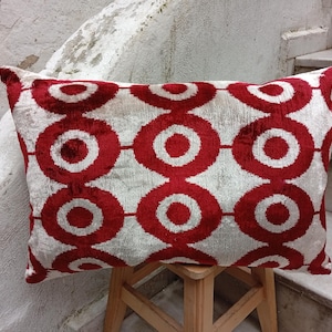 Red & White Ikat Velvet Pillow Cover: Geometric Throw Pillow (16x24 inch)