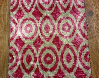 Handwoven Silk Ikat Velvet Fabric: Pink Geometric Uzbek Textile