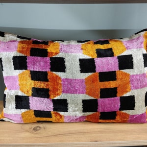 Silk Ikat Velvet Pillow Cover: Black, Orange, Pink Throw Pillow