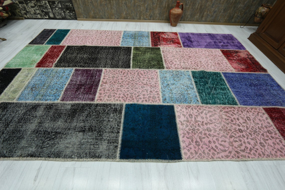 7x10 Overdyed Blue Grey Pink Rug Area Rug Faded Distressed Etsy