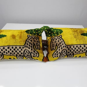 Ikat Velvet Lumbar Pillow Cover Set: Yellow Beige, Silk Cushion (16x24 inch)