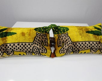 Ikat Velvet Lumbar Pillow Cover Set: Yellow Beige, Silk Cushion (16x24 inch)