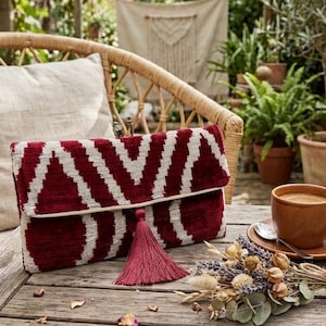Ikat Velvet Clutch Bag: Handwoven Silk, Magnetic Closure