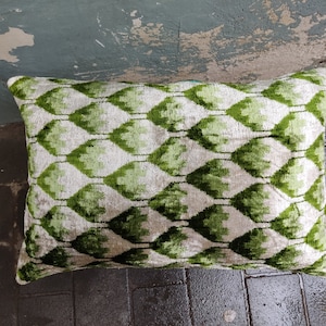 Green Velvet Ikat Lumbar Pillow Cover: Silk Accent Throw Pillow