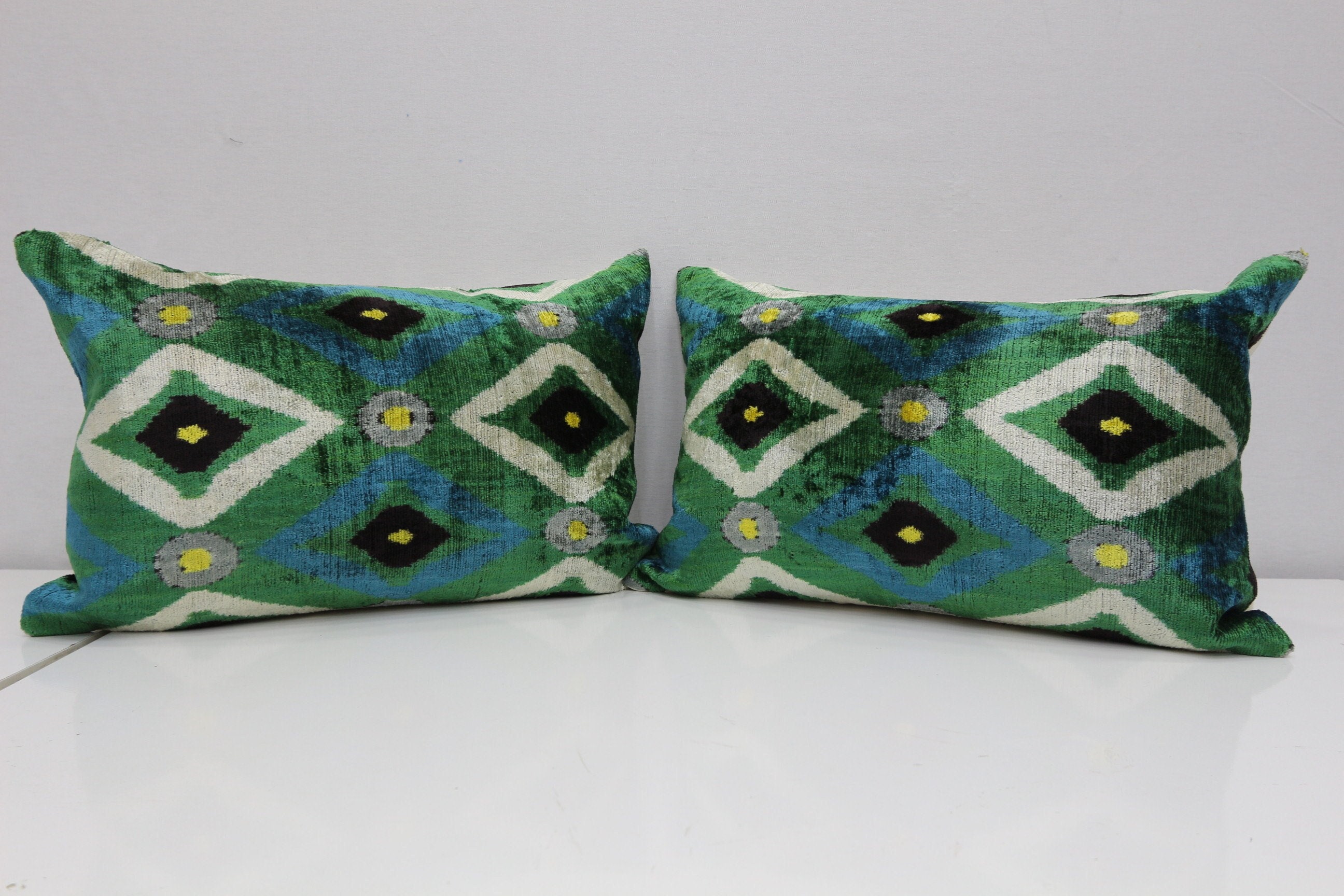 Ikat Velvet Pillow Cover Set: Green Blue Lumbar Throw Pillows (16x24 inch)