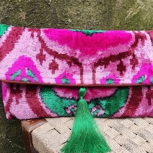 Bolso de mano de terciopelo de seda verde y rosa, hecho a mano, con cierre magnético y espacio para correa de hombro, bolso pequeño, regalo único