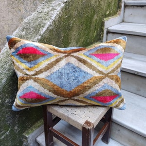 Silk Ikat Lumbar Pillow Cover: Velvet Throw Pillow, Colorful Cushion (16x24 inch)