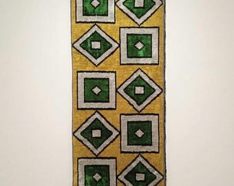 Handwoven Silk Ikat Velvet Fabric: Green & Yellow Geometric Uzbek Textile
