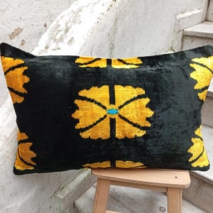 Ikat Velvet Pillow Cover: Black & Yellow Geometric Throw Pillow