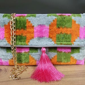 Bolso de mano de terciopelo de seda, color rosa, naranja y verde, hecho a mano, con cierre magnético y espacio para correa de hombro, bolso pequeño, regalo único