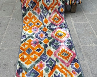 Ikat-sammetstyg | Uzbekiskt tyg | Orangeblått rosa linje-ikat-tyg | Geometriskt sammetstyg | Handvävt uzbekiskt tyg | Silkes-ikat-tyg