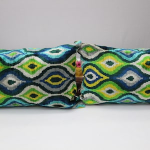 Blue Green Ikat Pillow Cover Set: Silk Velvet Lumbar Cushion