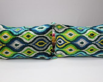 Blue Green Ikat Pillow Cover Set: Silk Velvet Lumbar Cushion