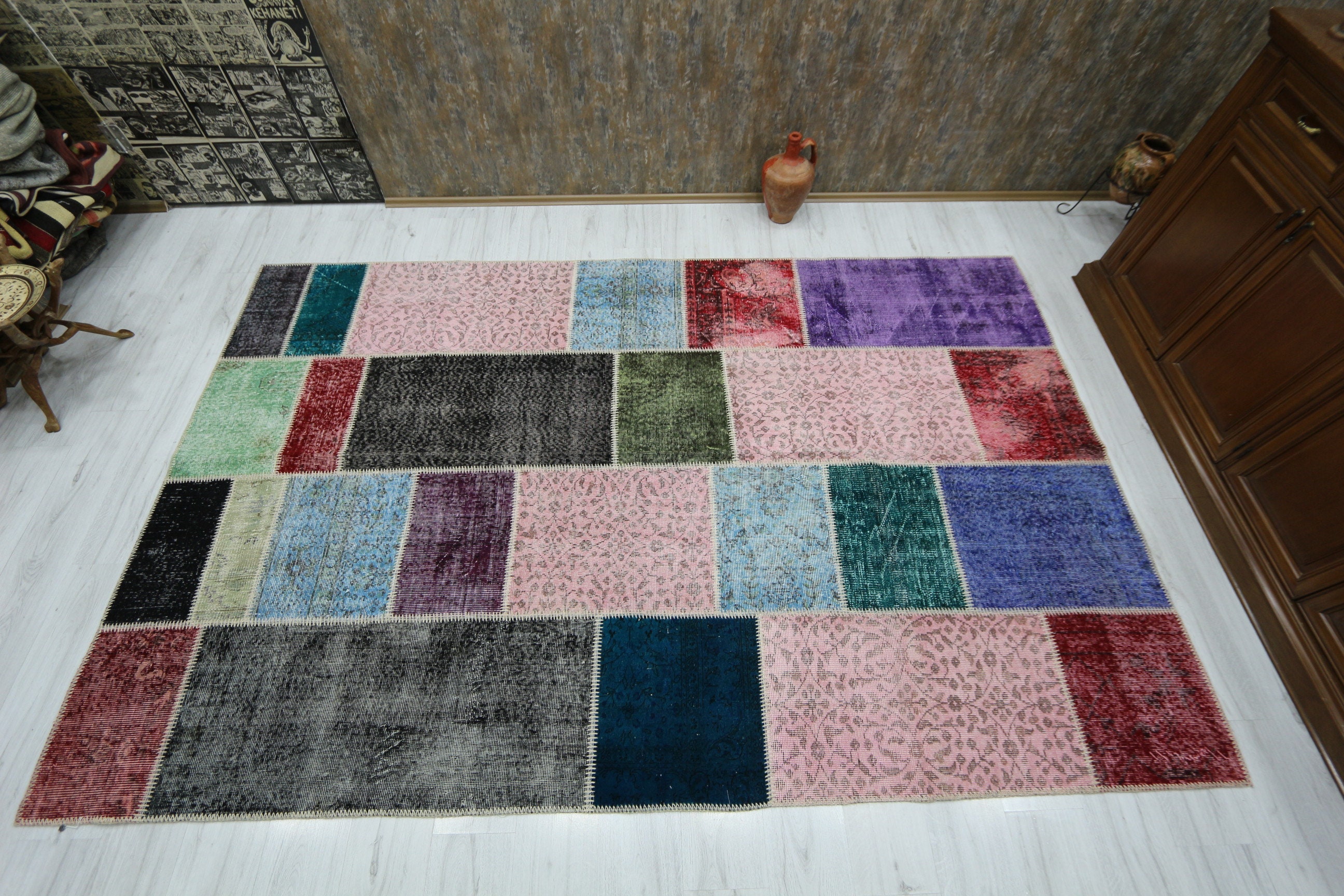 7x10 Overdyed Blue Grey Pink Rug Area Rug Faded Distressed Etsy