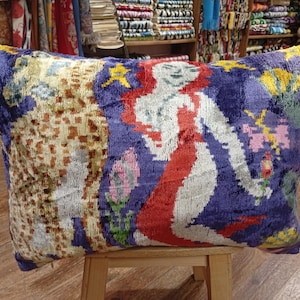 Ikat Velvet Pillow Cover: Blue & Red Geometric Throw Pillow (16x24 inch)