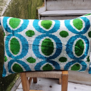 Blue & Green Velvet Ikat Pillow Cover - Lumbar Cushion