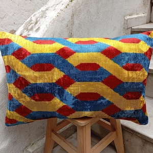 Ikat Velvet Pillow Cover: Blue & Yellow Geometric Throw Pillow (16x24 inch)
