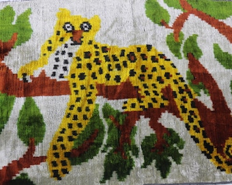 Handwoven Silk Ikat Velvet Fabric: Yellow Leopard Print