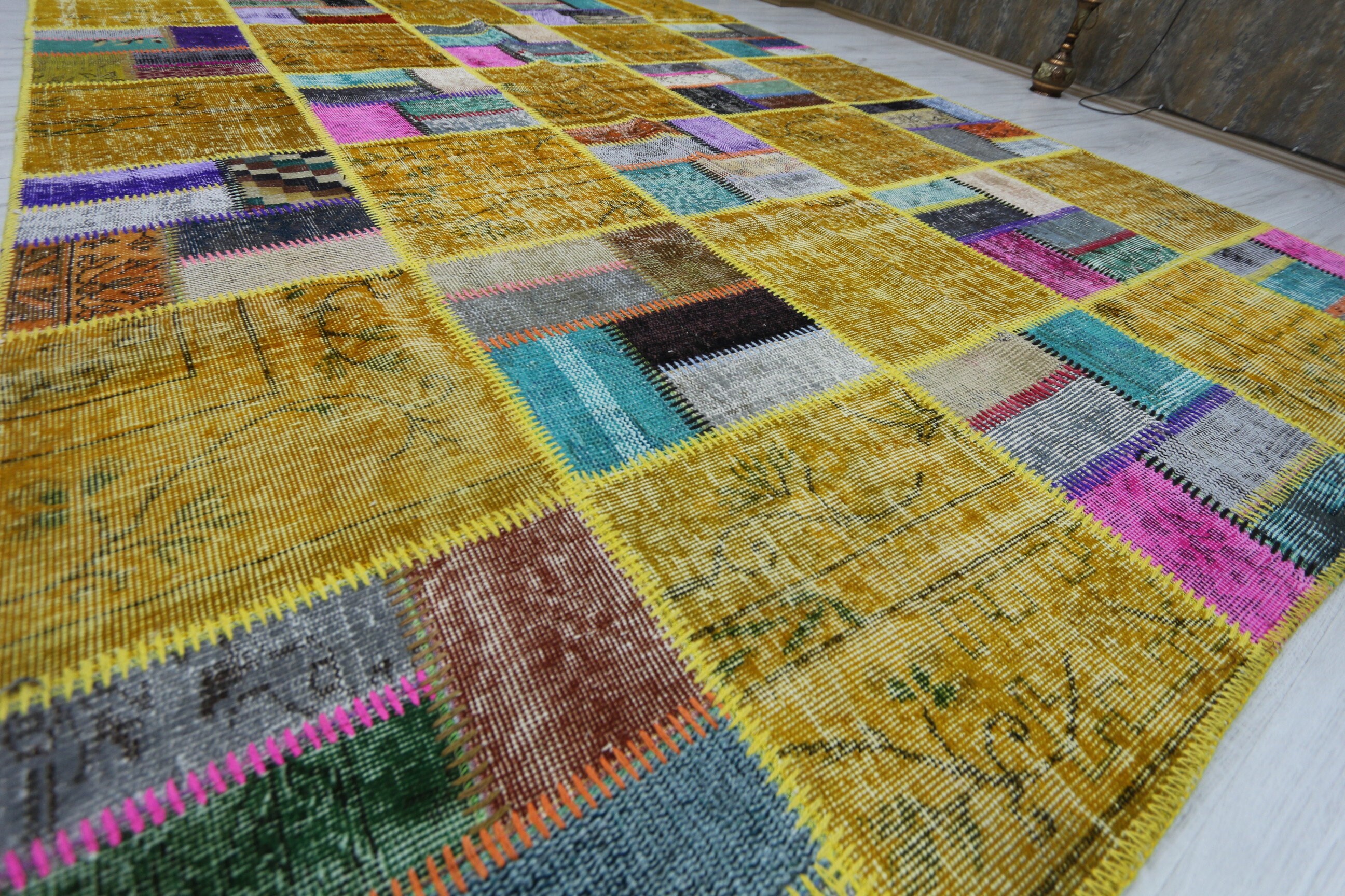 7x10 Overdyed Yellow Vintage Rug Turkish Patchwork Rug Etsy