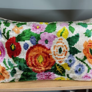 Floral Velvet Ikat Pillow Cover: Colorful Lumbar Cushion (16x24 inch)
