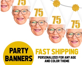 75th Birthday Decorations for him or her Party Banner Decor Face Banner Favors For Women Big Face Personalized Photo Garland Any Age 60th