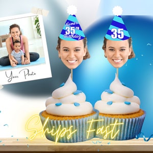 Blue Personalized Birthday Cupcake Toppers Any Age Decorations Custom Head Birthday Photo Face For Him of Her 35th 30th 40th