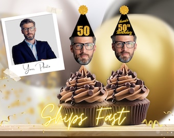 Custom Head 50th Birthday Cupcake Toppers, Birthday Cupcake Topper for men for women 50th Birthday Party Decorations Favors Personalized